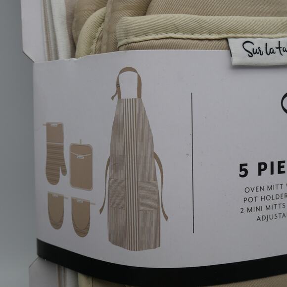 NEW Sur La Table 5 Piece Kitchen Set Apron Oven Mitt Potholder 2 Mini Mitts Tan - Picture 4 of 7